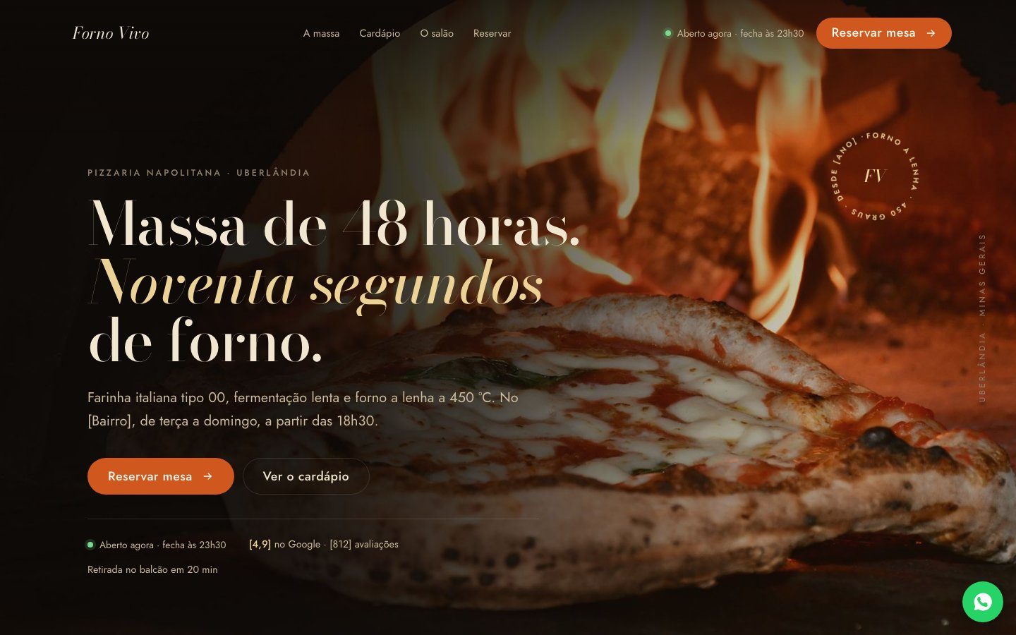 Página inicial do site conceito da pizzaria Forno Vivo