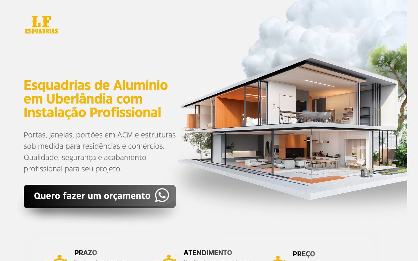 Site antigo da LF Esquadrias, com fundo claro e ilustração genérica